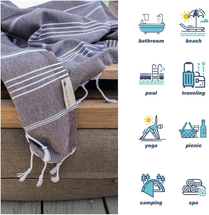 Hencely Turkish Beach Towel 37x68 Oversized, Sand-Free, Quick-Dry, Lightweight - Travel Essential for Pool & Bath - Striped 100% Cotton Bathroom Towels Accessories Gift (Gray)
