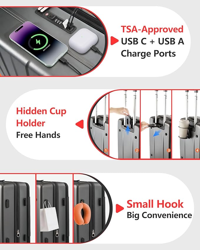 Expandable 20Inch Carry On Luggage Airline Approved - Top Opening Hardside Travel Suitcase Unbreakable -with Cup Holder,USB Charge,Side Pothook, 360°Spinner Wheels, TSA Lock-Grey
