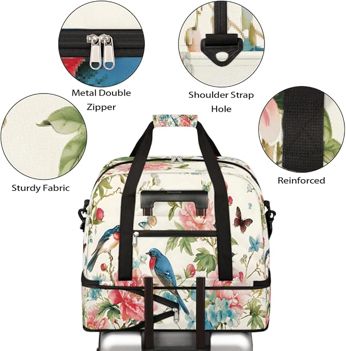 Pink Flower Bird Butterfly Large Weekender Bag with Shoe Compartment Travel Duffel Bags for Women Carry On Hospital Overnight Bag Foldable Personal Item Travel Bags Tote Gym Sports Airplanes