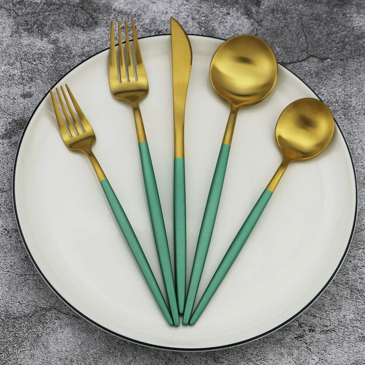 Green Handle Matte Gold Silverware, Gugrida 5-Piece 18/10 Stainless Steel Flatware Set, Kitchen Utensils, Tableware Travel Cutlery for Camping Office Lunch, Satin Finish, Dishwasher Safe