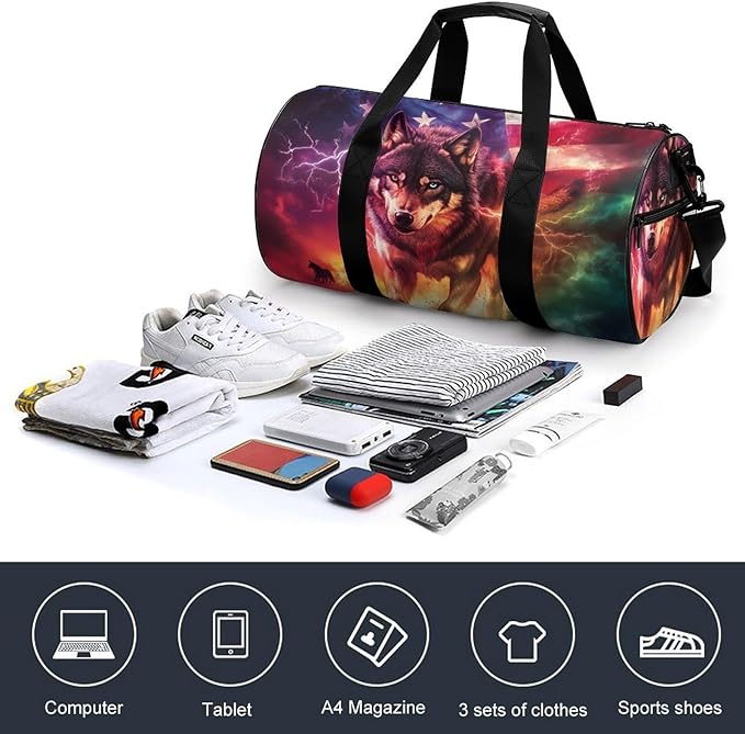 Wolf U.S Flag Gym Bag Travel Duffel Bag Lightweight Carry On Bags Weekender Bags for Women Men