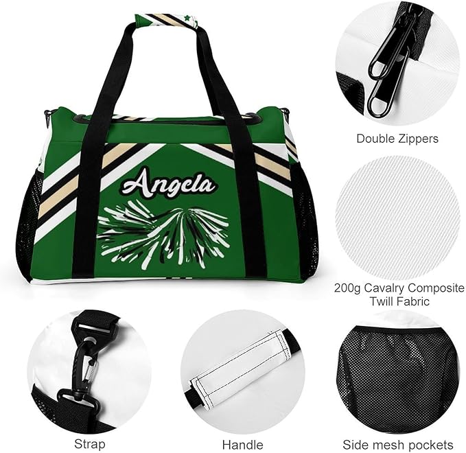 Duffle Bag, Personalized Name Green Cheer Cheerleaders Stripes Pom Travel Bag, Lightweight Gym Training Sports Bags Custom Unisex Gifts for Men Women