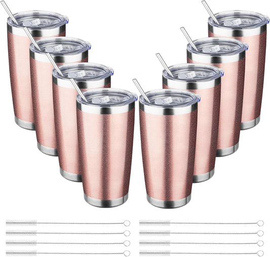 20oz Tumbler with Straw and Brush, Stainless Steel Vacuum Insulated tumbler, Double Wall Insulated Coffee Tumbler for Outdoor, Home, Travel,Office (Rose Gold,8pcs)