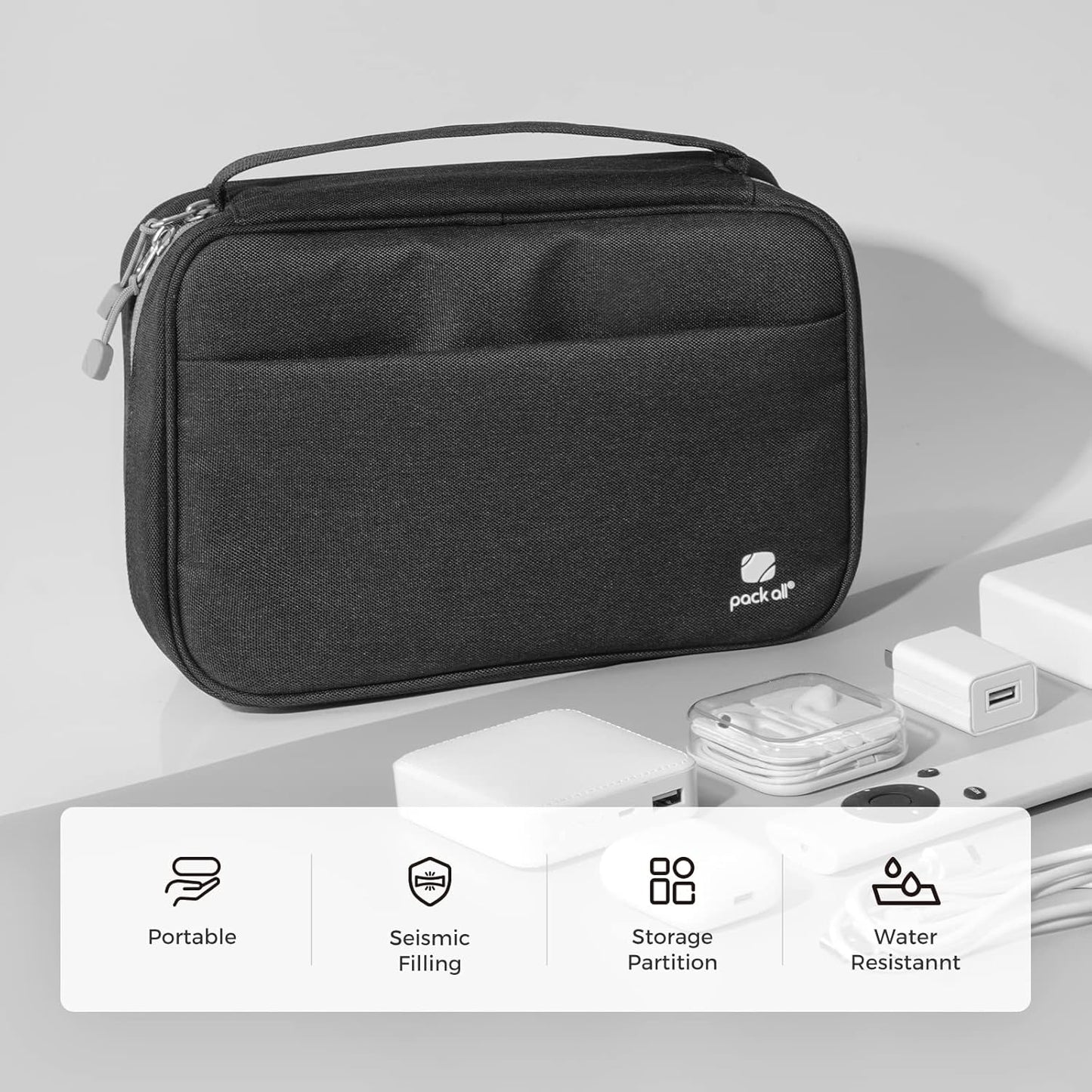 pack all Electronic Organizer Plus, Larger Capcity Cable Organizer Bag, Shockproof Carrying Case, Portable Cord Travel Organizer Storage Bag for Cables, Chargers, Phones, USB, SD Cards(Black)