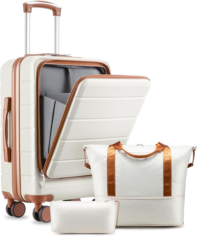 Carry On Luggage 22 x 14 x 9 Airline Approved, H1F Front Pocket Hardside Suitcase with Spinner Wheels, TSA Lock, Includes Tote Bag (FX-Lite, Beige, 3 Piece Sets)