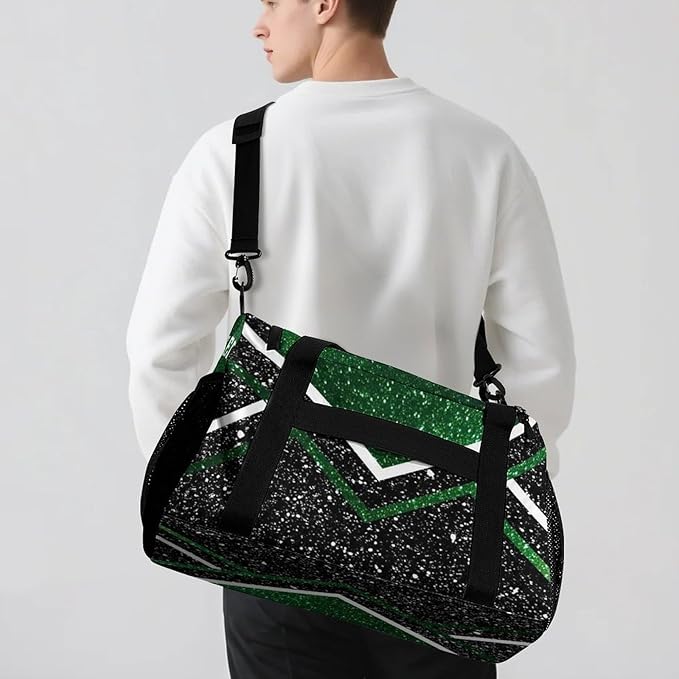Personalized Green Cheerleader Black Sequin Print Duffle Bag with Name for Women Man Custom Multifunctional Travel Perform Training Bag Luggage Bag