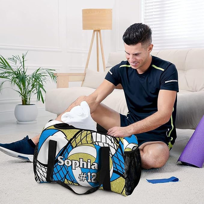 Custom Volleyball Blue Gold Duffel Bag with Name Personalized Travel Bags Sport Gym Bag Carry On Weekender Bags for Men Women