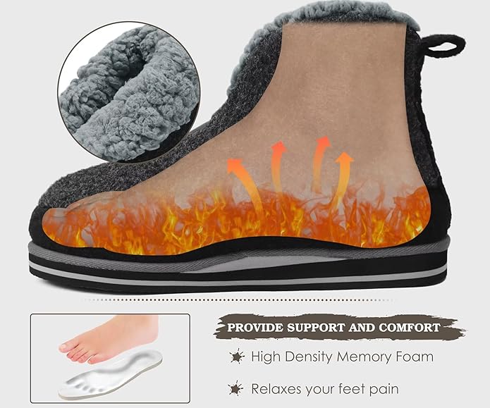 KuaiLu Mens House Slippers Booties Cozy Memory Foam Boots Warm Plush Lining Winter Felt Home Bedroom Slipper Socks Indoor Outdoor Non-Slip Shoes