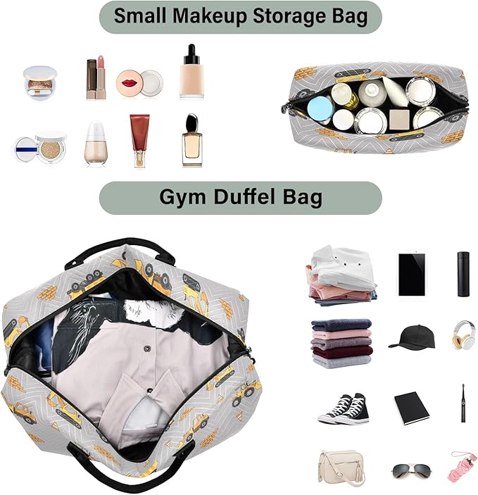 Travel Duffle Bag, Yellow Excavator Truck Gym Bag with Storage Bag Weekender Overnight Bag for Men Women Trip Sports Yoga
