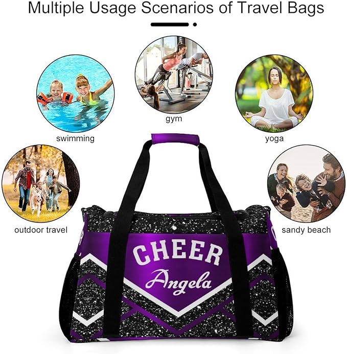 Custom Cheerleader Purple Cheering Black White Duffel Bag with Name Adjustable Shoulder Strap Pack Handheld Crossbody Travel Bag for Teens Men Women