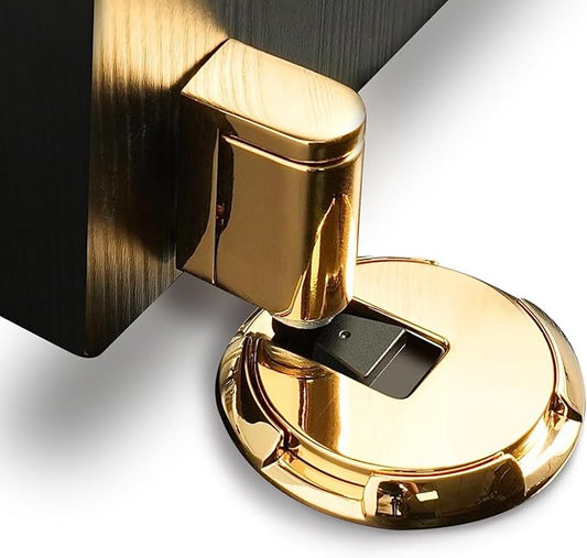 Windproof Door Stopper Indoor Heavy Duty Floor Door Stop Keep Door Open Mechanical No Drilling Door Stopper with Screws and 3M Adhesive, 4 Pack, Bright Gold