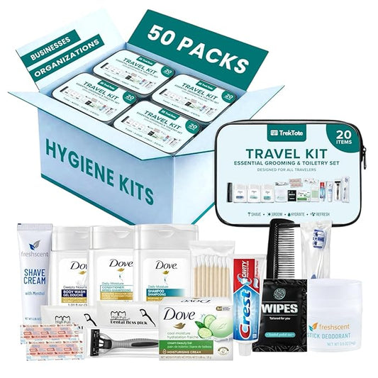 TrekTote 20 Piece Hygiene Kit Bulk, Travel Size Toiletries Set, Homeless Care Package Supplies, Mini Deodorant Shampoo Body Wash Toothbrush Toothpaste Razor Kit, TSA Approved, Clear Bag