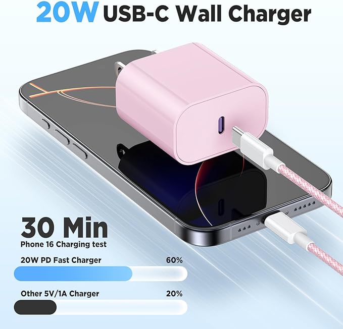 Fast Charging for iPhone 15 16 Pro Max Charger Colorful, 3Pack 20W USB C Fast Chargers Block with 6/6/10ft Long USB C to C Braided Cable Compatible with iPhone 16/15 Pro/15 Plus/iPad Pro 13/12.9,Pink