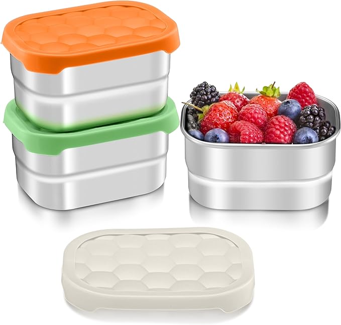 HaWare 8 oz Stainless Steel Snack Containers for Kids, Leak Proof Food Storage Containers with Colorful Silicone Lids, Small Metal Lunch Box for Daycare and School- 3 Packs