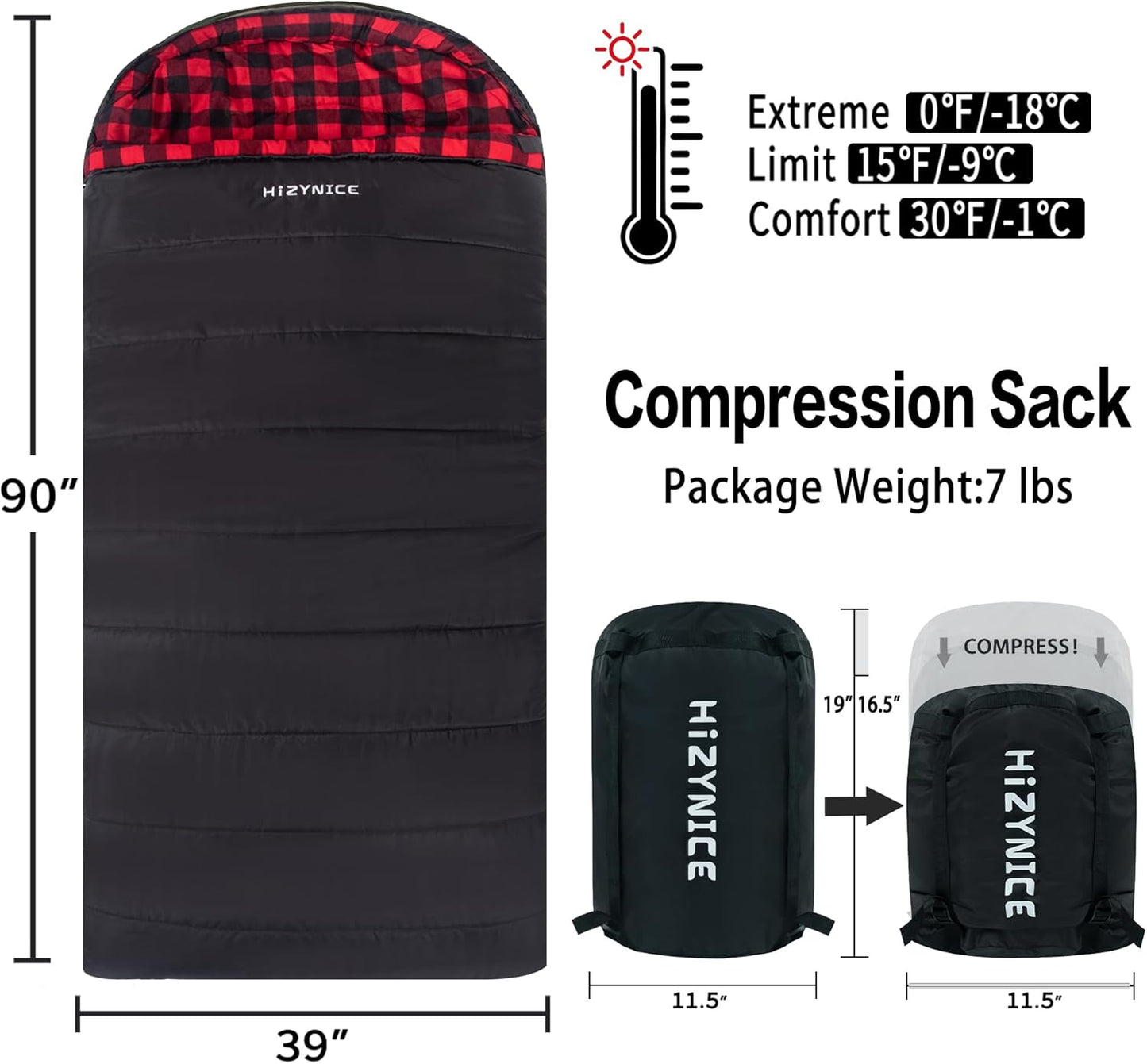 0 Degree Sleeping Bag 100% Cotton Flannel XXL for Adults Big and Tall Cold Weather Winter Zero Degree Camping,Free Compression Sack