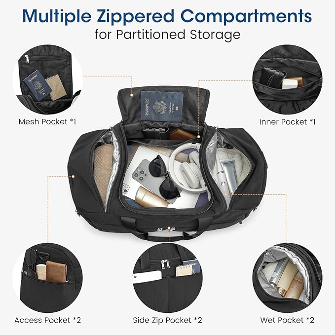 G4Free 45L Travel Duffle Bag for Women Men 3 in 1 Duffel Bags with Shoes Compartment Gym Backpack for Weekender Overnight, Black