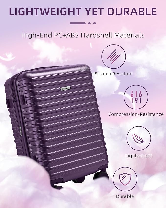LARVENDER Carry on Luggage 22x14x9 Airline Approved, 20 Inch Hardside Suitcase with Wheels TSA Lock, PC+ABS Lightweight Carry on Suitcases for Women and Men, Purple (20/DB/TB)