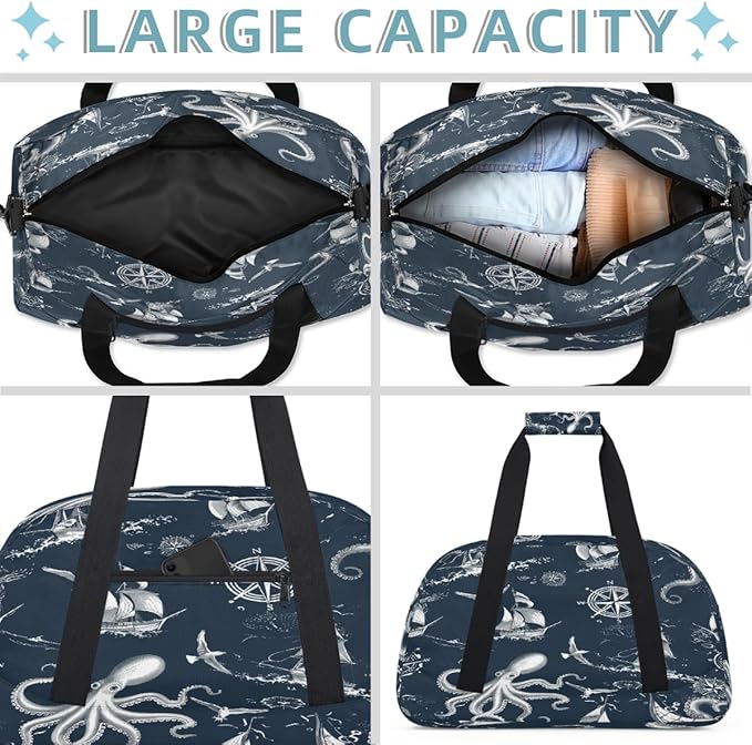 Sports Duffel Bags, Nautical Octopus Boat Water-Resistant Gym Duffle Bag for Men Women, Lightweight Weekender Overnight Bag for Fitness, Workout, Travel