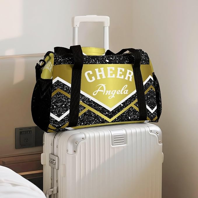 Travel Bag Golden Cheer Cheerleader Bling Print Customized Duffel Bags Weekender Overnight Bag Personalized Gift Adjustable Detachable Shoulder Strap Packs