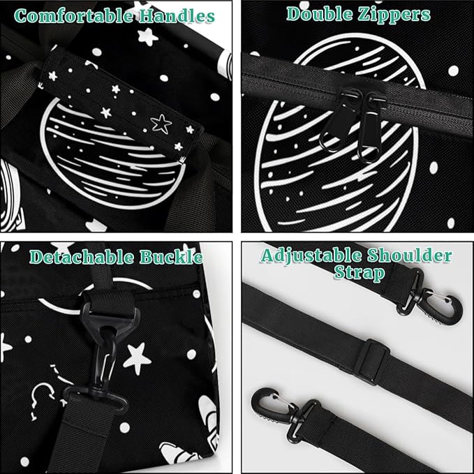 Cartoon Space Gym Travel Duffle Bag for Women & Men with Front Zipper Pocket for Sports, Overnight, Weekender, Carry On,Workout & Dance Bag,Black,18.9 * 8.7 * 10.6 in