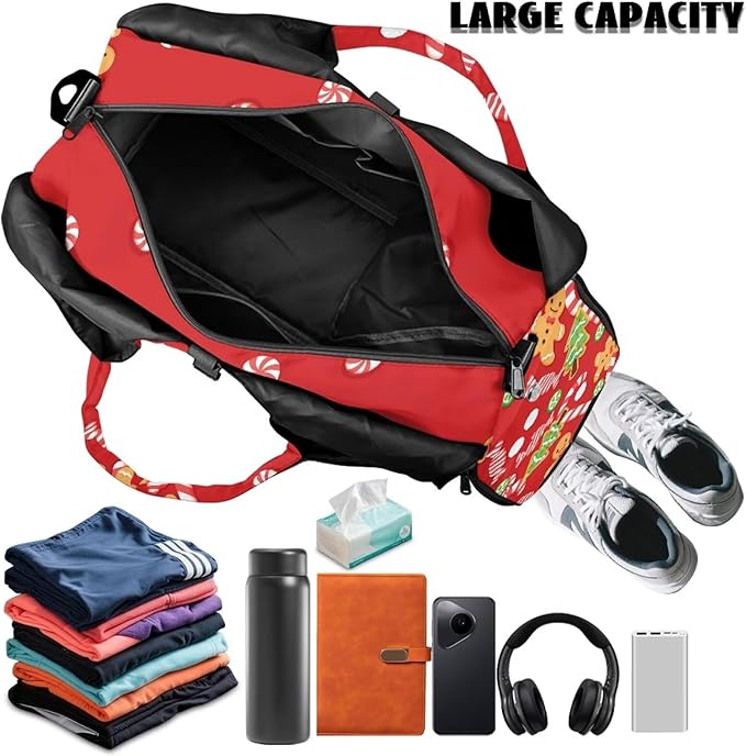 Christmas Candy Cane Gingerbread Women Duffle Bag for Travel Carry On Gym Bag with Shoes Compartment & Yoga Mat Strap Sports Camping Overnight Weekender Bags for Christmas Outfits