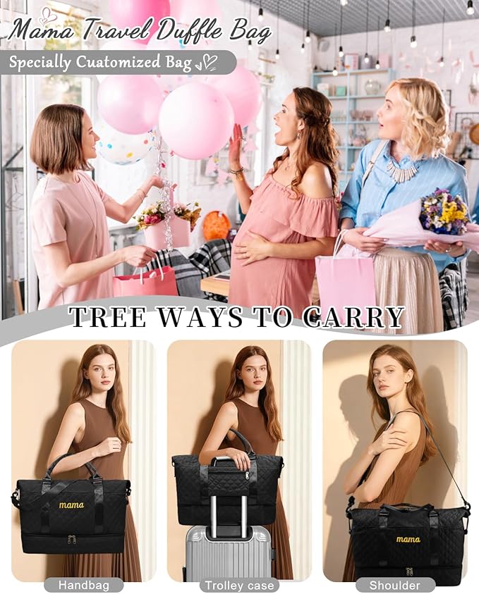Mama Baby Pregnancy Hospital Bag Essentials for Women Labor Delivery Diaper Organizer with Shoe Compartment,2 Waterproof Toiletry Pouch Travel Duffle Bag for Mommy Weekender Overnight Gym Gifts,Black