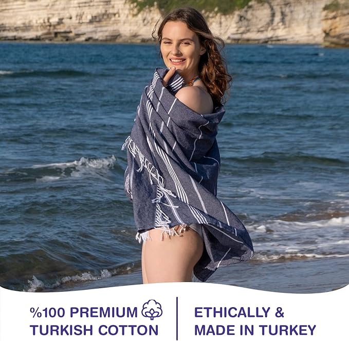 Turkish Beach Towels, Bulk Case of 36 | Oversized, Quick Dry, Sand Free | 100% Cotton, Large 38x71 Towels for Beach, Pool, Travel | Ultra-Soft, Compact, Absorbent | Navy