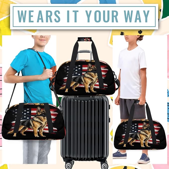 Kids Duffle Bag Girls Boys American Flag Shepherd Dog On Black Weekender Overnight Bag,Lightweight Duffel Bags for Traveling Gym Sport Dance