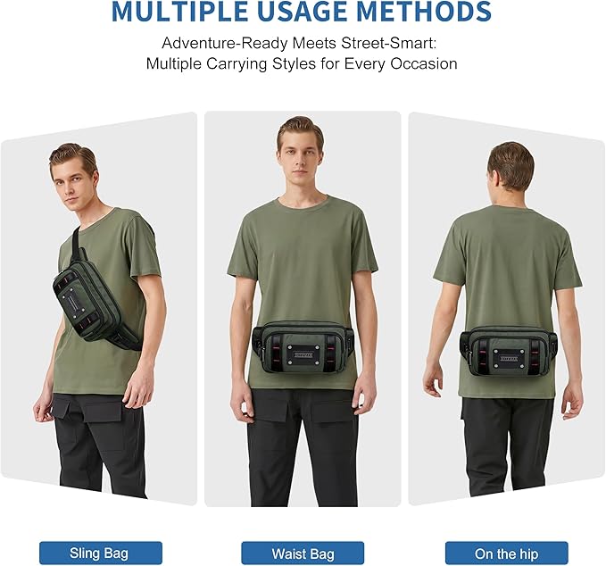 WITZMAN Fanny Pack for Men Casual Waist Bag Travel Mens Belt Bag with Adjustable Strap for Outdoors Cycling Hiking Walking(B732 Army Green)