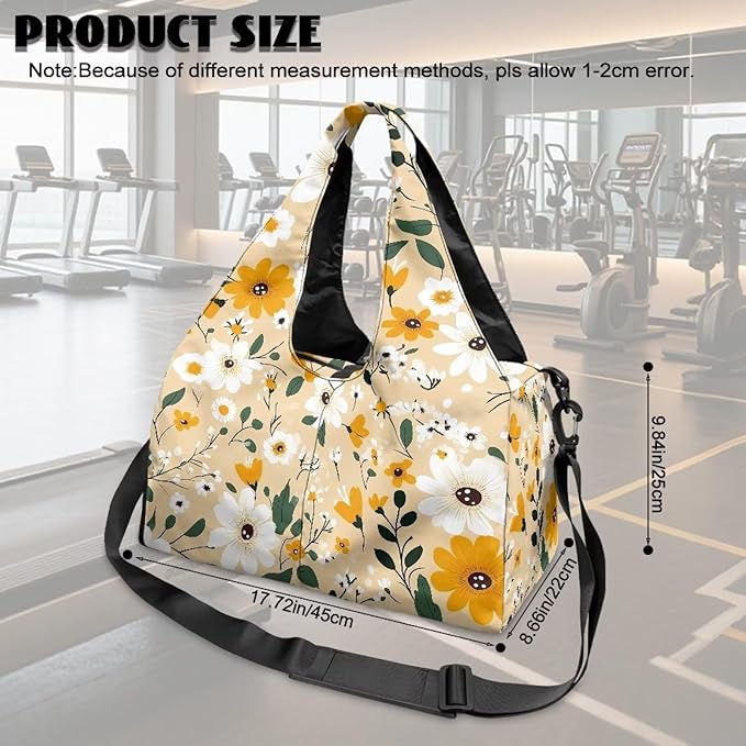 White Daisy Duffle Bag Women with Shoe Compartment and Yoga Mat Holder Yellow Sports Duffel Bag with Wet Pockets for Women, Stylish Portable Fitness Sport Tote Bag