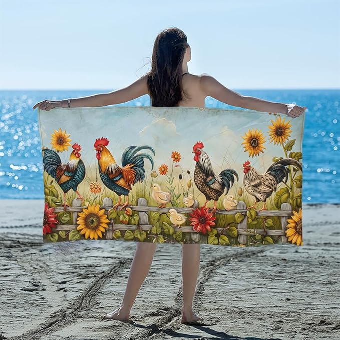 Rooster Sunflower Flowers Beach Towel, Large Microfiber Quick Dry Lightweight Pool Bath Towels Sand Free Beach Blanket for Summer Cruise Yoga Camping Travel Vacation Essentials 31 x 61 in