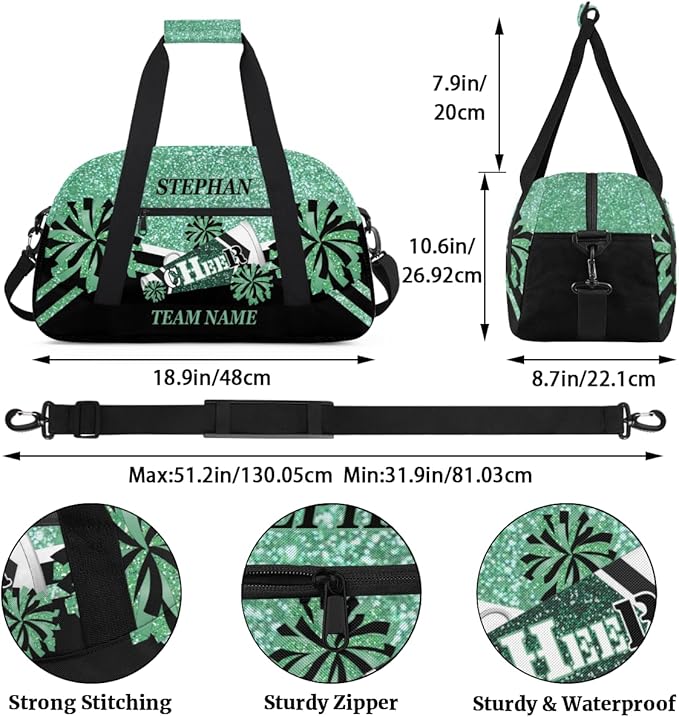 Cheer-Bag Customized Cheer-Gifts with Name Cheerleading Bag for Girls Gym-Duffel-Bag Green Glitter Print
