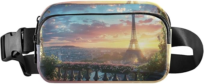 Paris Balcony View Eiffel Tower Fanny Pack for Women Men Water Resistant Fashion Waist Packs with Adjustable Strap Belt Bag for Travel Workout Jogging Hiking 21220606