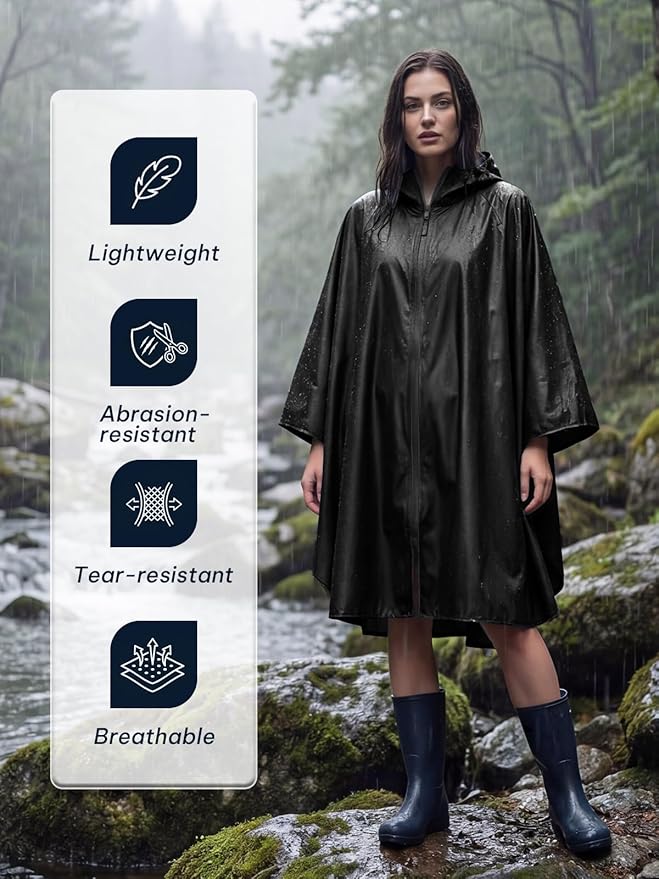SaphiRose Lightweight Waterproof Rain Poncho for Adults with Hood Portable Rainwear for Outdoor