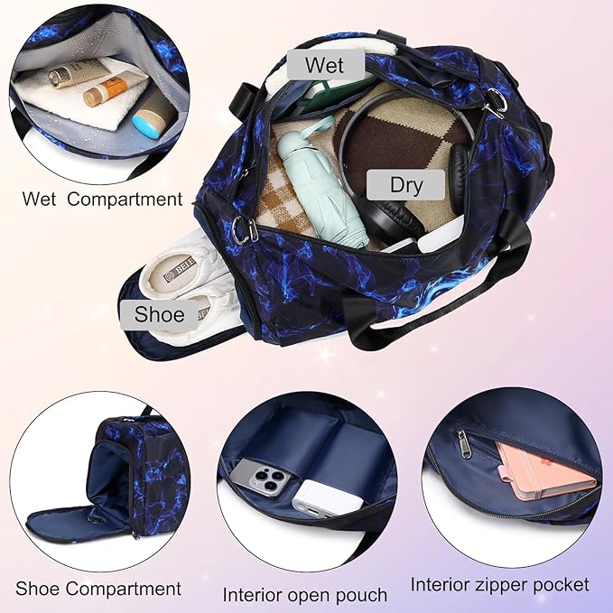 Duffle Bag for Boys Sport Gym Bag with Wet Pocket Shoes Compartment for Teen Boys Luminous Blue Flame Game Travel Bag Dance Bag