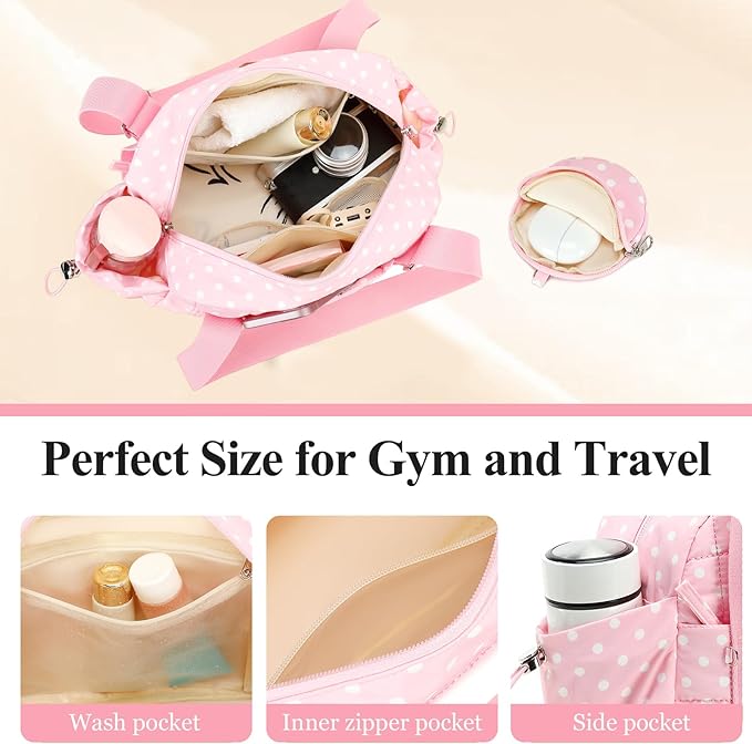 CAMTOP Mini Gym Bag for Women, Small Gym Tote Bag Puffy Quilted Sports Duffel Bag with Wet Compartment and Coin Purse Duffel Bags Dance Yoga Workout Bag for Gifts (Polka Dot Pink, Mini-12.6")