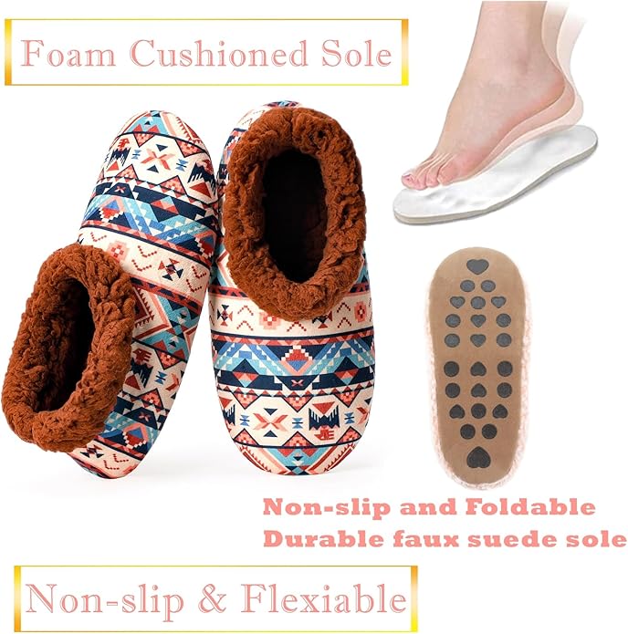 Soft Fuzzy Slippers for Women Indoor, Warm Furry House Sock Shoes Fluffy Lined, Bedroom Booties Non-Slip Gripper Soles, Winter Cozy Christmas Gifts