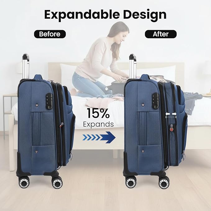 20'' Carry on Luggage,Softside Suitcase w/Combination LOCK,Expandable 15% Luggage w/Double Spinner Wheels,Lightweight Rolling Suitcases for Men/Women（Blue,20in）