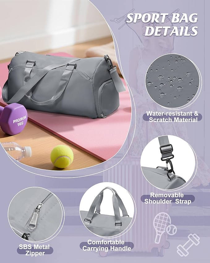 Gym Bag for Women with Shoe Compartment Lightweight Travel Duffle Bags Carry on Bag Overnight Weekender Duffel Bag with Wet Pocket Personal Item Travel Bag Tote Bag Workout Dance Bag Grey