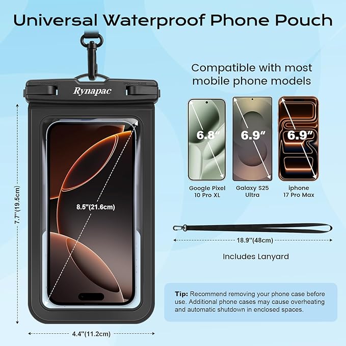 Waterproof Phone Pouch - 2 Pack, IPX8 Waterproof Phone Case with Lanyard for iPhone 17 16 15 Pro Max, Cell Phone Dry Bag for Beach Vacation Travel Cruise Essentials, Touch Screen, Up to 8.5"