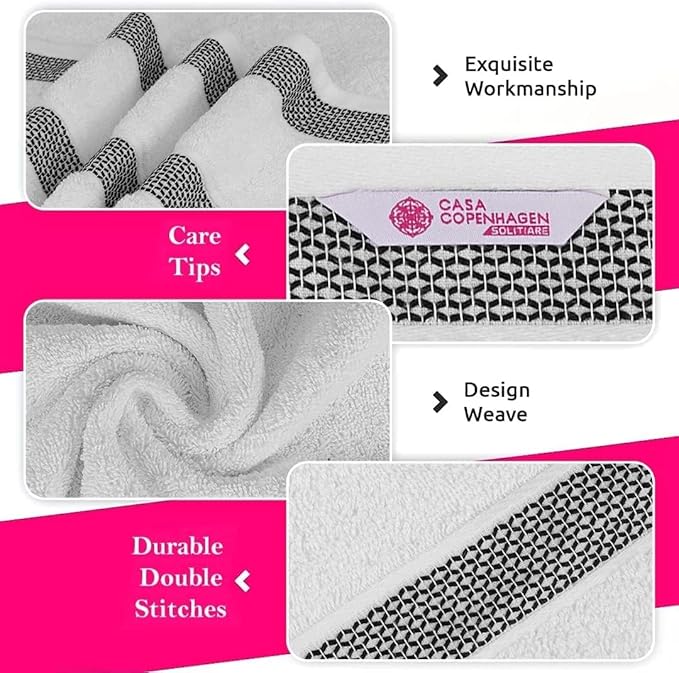 CASA COPENHAGEN Solitaire 6Pcs 100% Egyptian Cotton Large Designer Towels Gift Set- White-Jet Black, 600GSM, 2Bath 2Hand 2Washcloths, Bath Towels for Bathroom Set for Women & Men