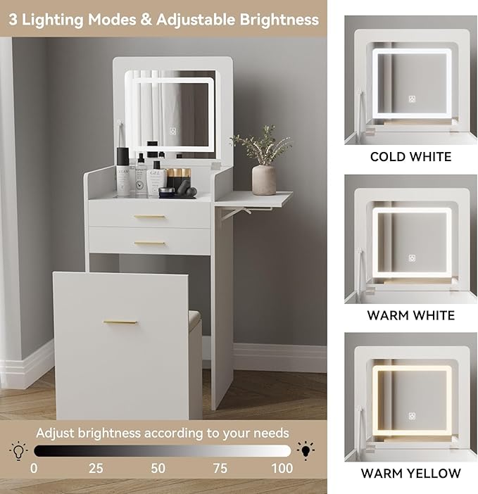 ARTETHYS Small Vanity Desk Set with Flip-top Mirror and Lights White Integrated 3 in 1 Makeup Vanities Set for Compact Space Mini Dressing Table with Fold-up Panel and Storage Chair for Bedroom