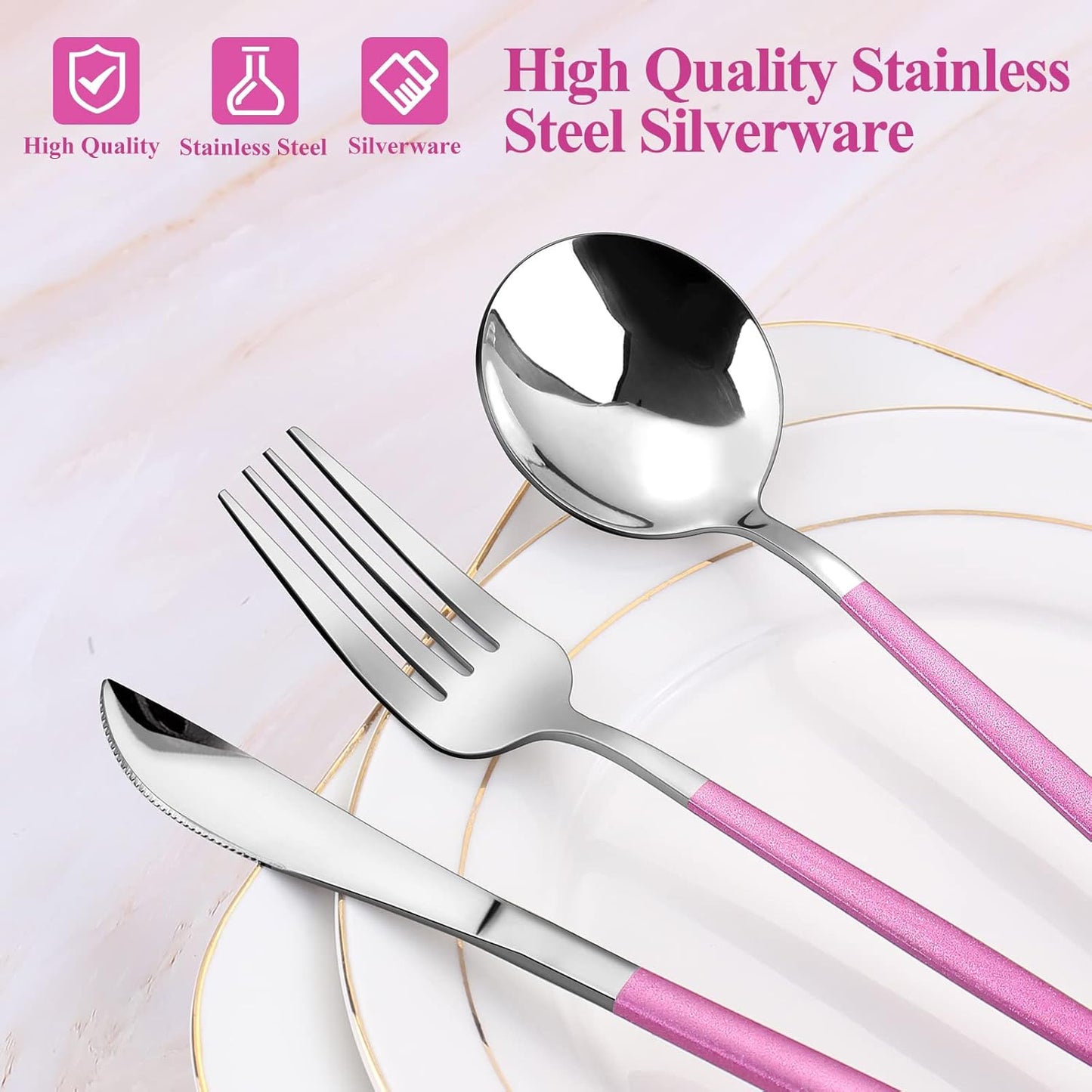 Mirror Silver Rosy Silverware Set, 20-Piece Stainless Steel Flatware Set, Satin Finish tableware Cutlery Set, Service for 4, Home and Restaurant, Dishwasher Safe