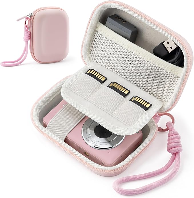 Camera Case for Digital Camera CAMKORY DC403 FHD 1080P/ KODAK PIXPRO FZ55/ FZ45, Small Travel Compact Camera Holder with Mesh Pocket for Accessories SD Card (Pink)