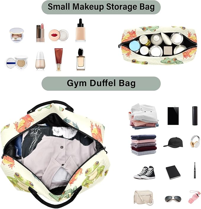 Travel Duffle Bag, Rainbow Frogs Gym Bag with Storage Bag Weekender Overnight Bag for Men Women Trip Sports Yoga