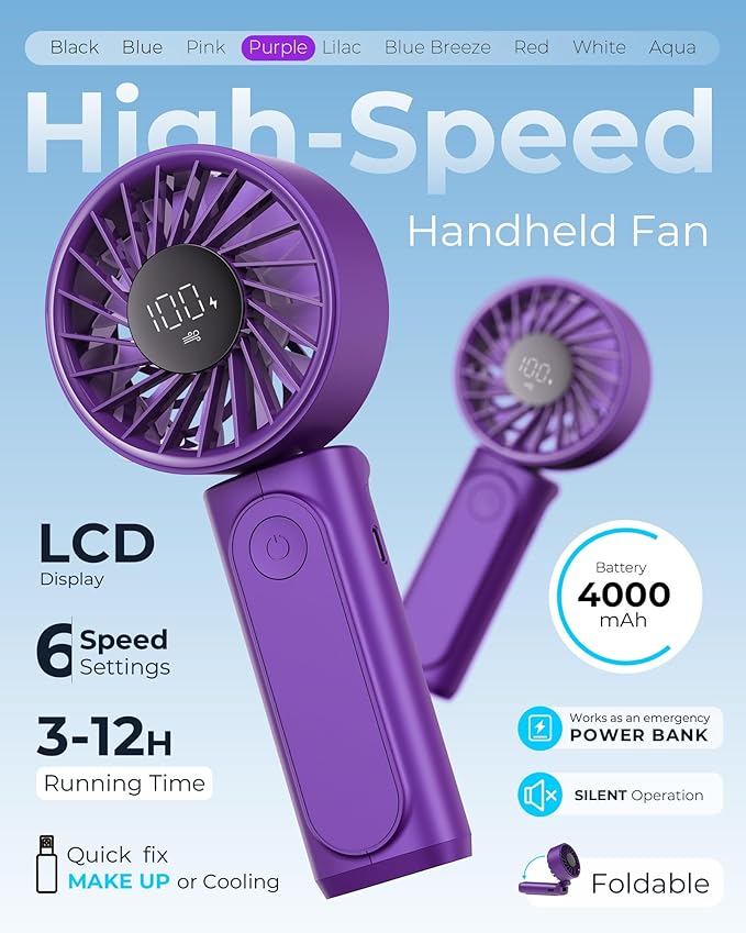 Portable Handheld Fan, 4000mAh, USB Rechargeable 180° Foldable Mini Desk Fan, 6 Wind Speed, LCD Digital Display, Lanyard as Neck Fan, Ultra Quiet, Pocket Size for Indoor Outdoor