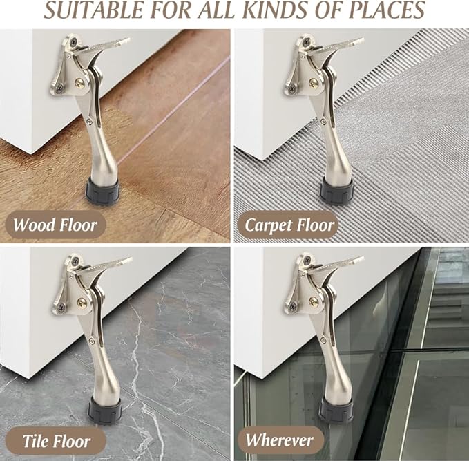 Kickdown Door Stopper 4 Inches - 4 Packs One Touch Adjustable Height Door Stop for The Bottom of Door The Bottom of Door Aluminum Alloy Metal Door Stopper with Rubber Tip Satin Nickel