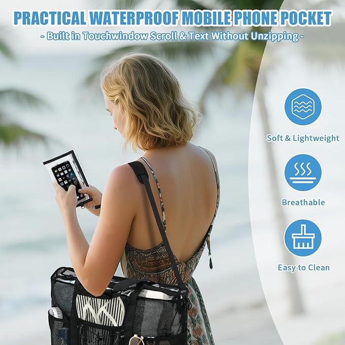 Mesh Beach Bag, Foldable Extra Large Beach Bags with Zipper Pool Bag with Portable Phone Pouch for Vacation Pool