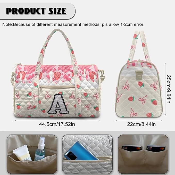 COEQINE Pink Quilted Gym Bag for Women Pink Strawberry Floral Bow Initial Name A-Z Personal Item Travel Bag Travel Duffel Bags for Men Women, Large Packable Backpack