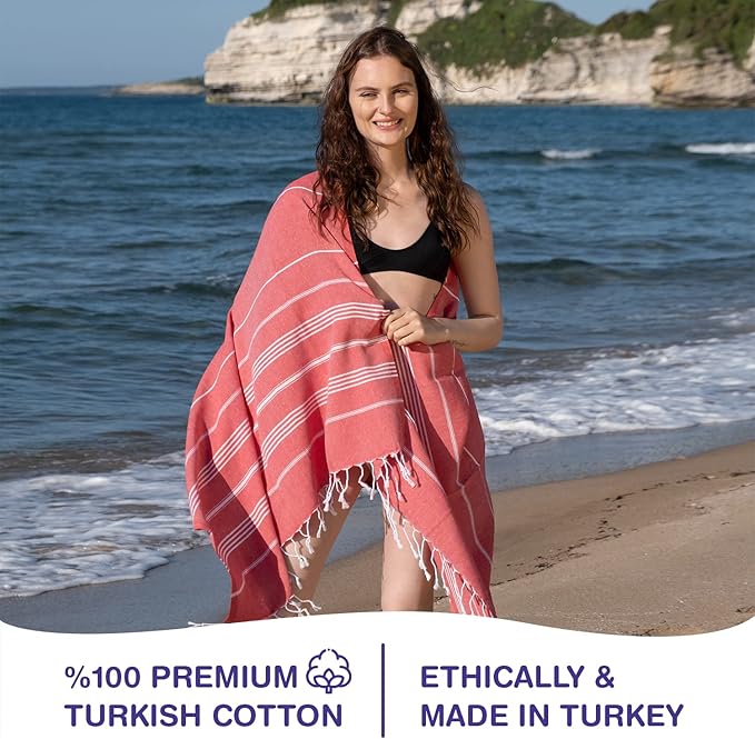 Turkish Beach Towels, Pack of 6 | Oversized, Quick Dry, Sand Free | 100% Cotton, Large 38x71 Towels for Beach, Pool, Travel | Ultra-Soft, Compact, and Absorbent | Red
